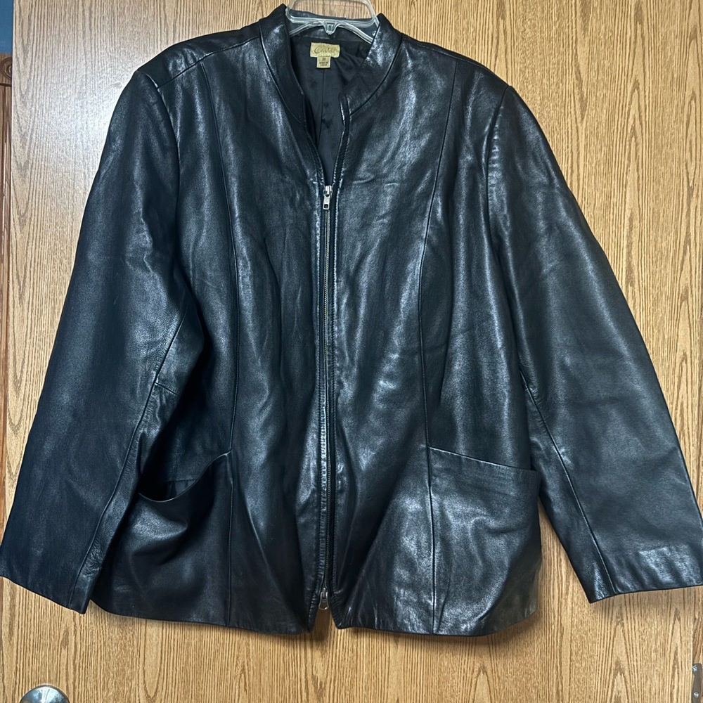 Caslon Black Leather Jacket with Textured Trim